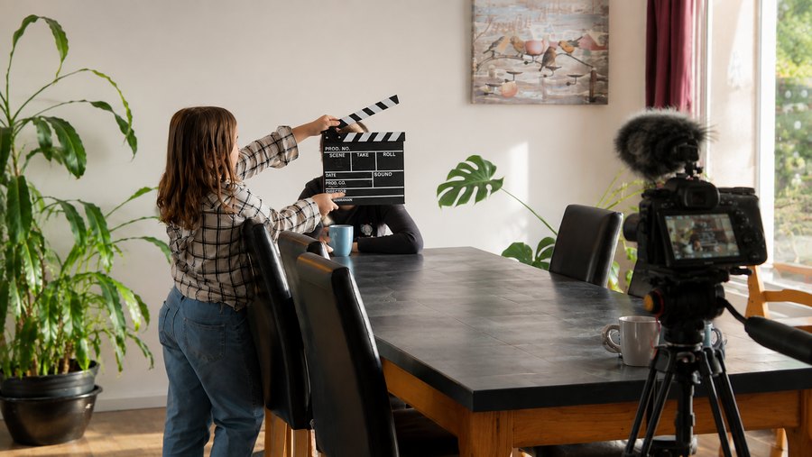 Une enfant tient un clap pendant un tournage